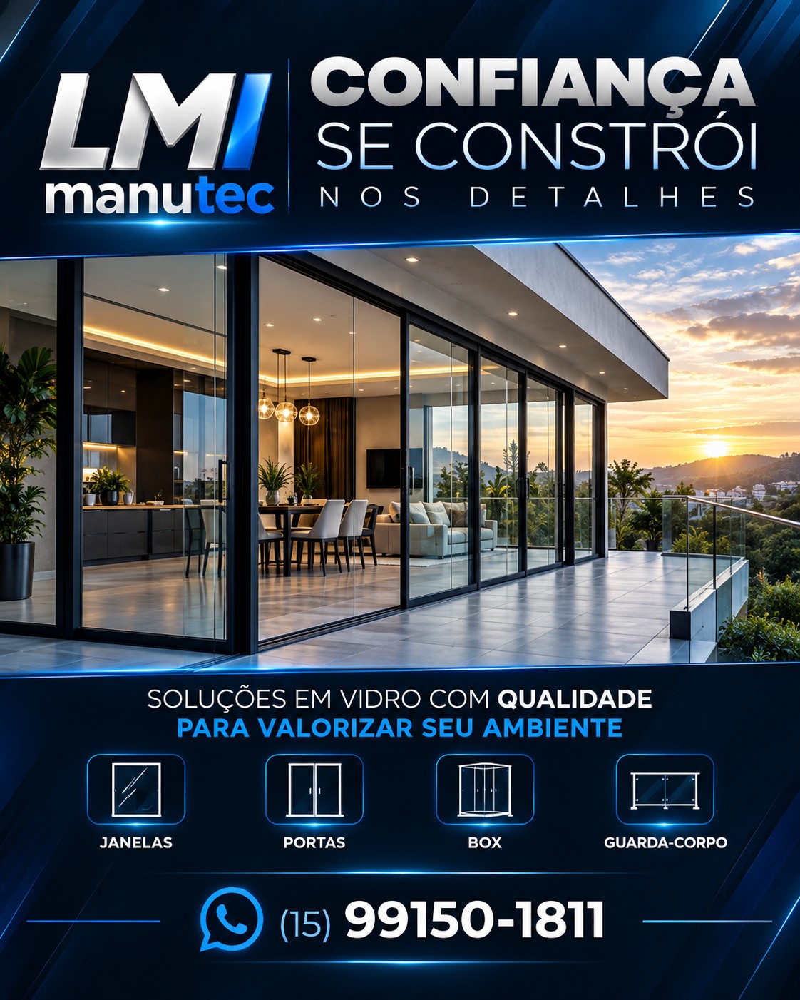 Casa moderna com portas de vidro de correr e guarda-corpo de vidro